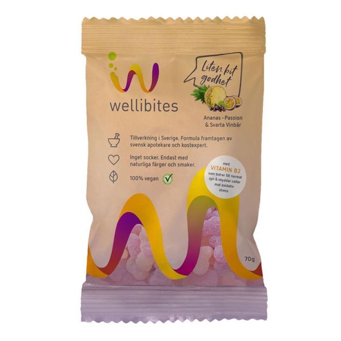Hovedbilde Wellibites ananas & pasjon & solbær 70 gram