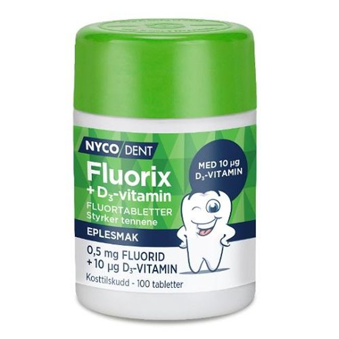 Hovedbilde Nycodent fluorix 0,5mg + 10 mcg D3 eple 100 stk